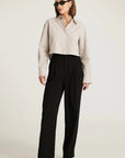 Cropped Long Sleeve Stripe Shirt - Beige